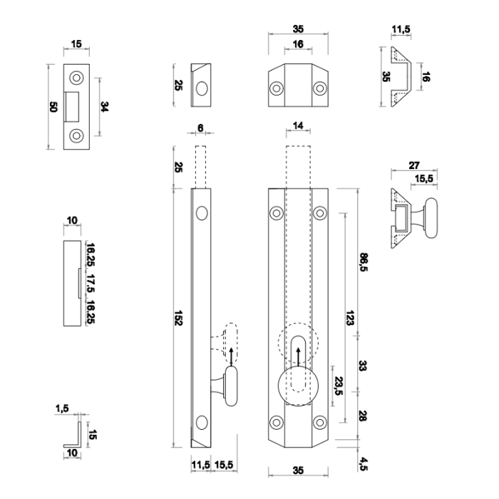 AQ82CP 152mm Surface Bolt Polished Chrome