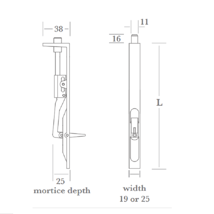 203 x 19mm Lever Action Flush Bolt Satin Aluminium
