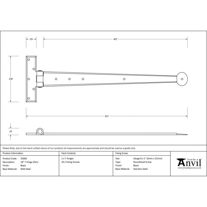 From The Anvil - 18" Penny End T Hinge (Pair) - Black
