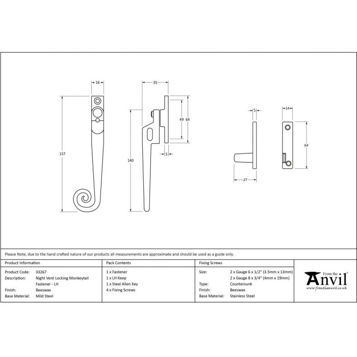 From The Anvil Monkeytail Night-Vent Locking Fastener Left Hand - Beeswax
