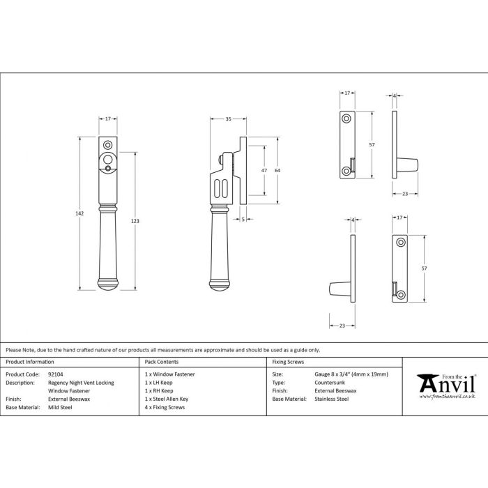 From The Anvil Regency Night-Vent Locking Fastener - External Beeswax