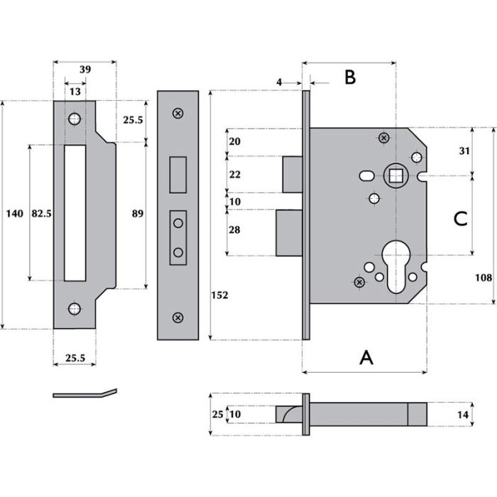 Guardian Y7000 63Mm S.Steel Euro sash door lock Case Only