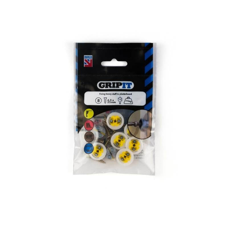 4 X GRIPIT PLASTERBOARD FIXINGS YELLOW 15mm WITH 4.0 x 25mm SCREW LOAD 71 kgs