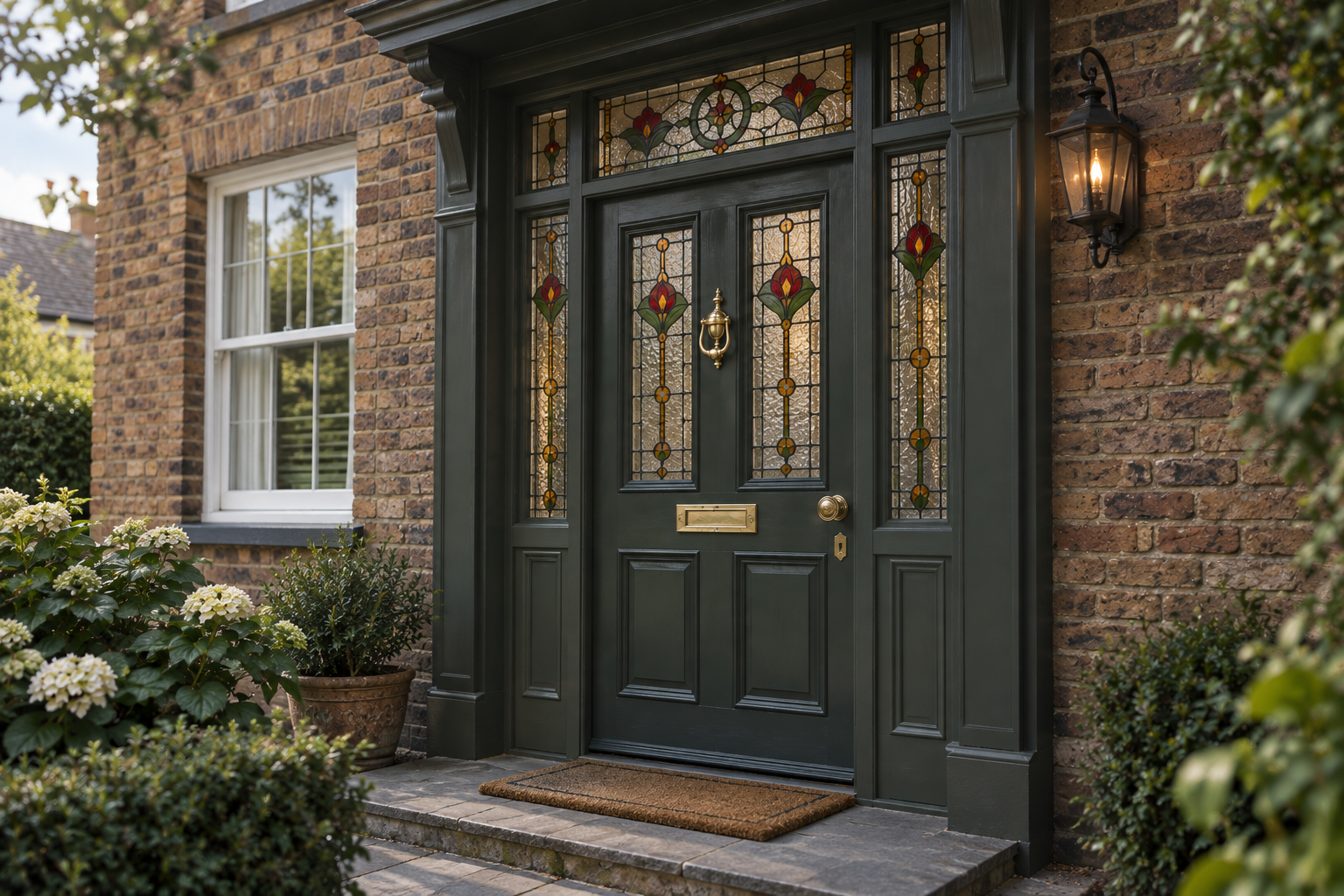 An elegant Edwardian entrance door featuring decorative stained glass glazing and traditional period fittings