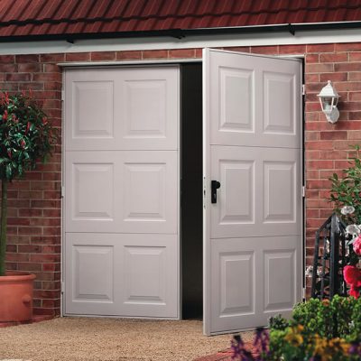 metal and wooden side hinged garage doors